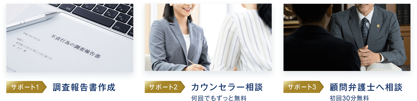①調査報告書作成②カウンセラー相談【何回でもずっと無料】③顧問弁護士へ相談【初回30分無料】