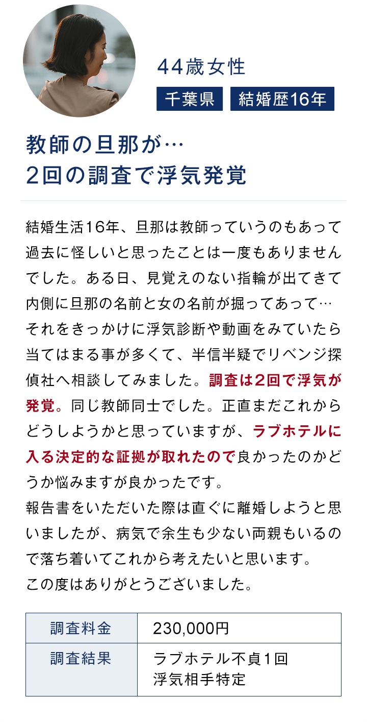 44歳女性 千葉県 結婚歴16年 教師の旦那が…2回の調査で浮気発覚 調査料金 230,000円 調査結果 ラブホテル不貞1回 浮気相手特定