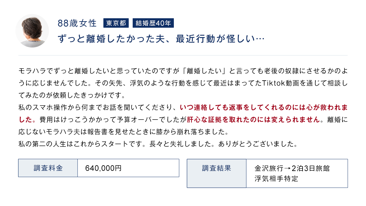 88歳女性 東京都 結婚歴40年 ずっと離婚したかった夫、最近行動が怪しい 調査料金 640,000円 調査結果 金沢旅行→2泊3日旅館 浮気相手特定