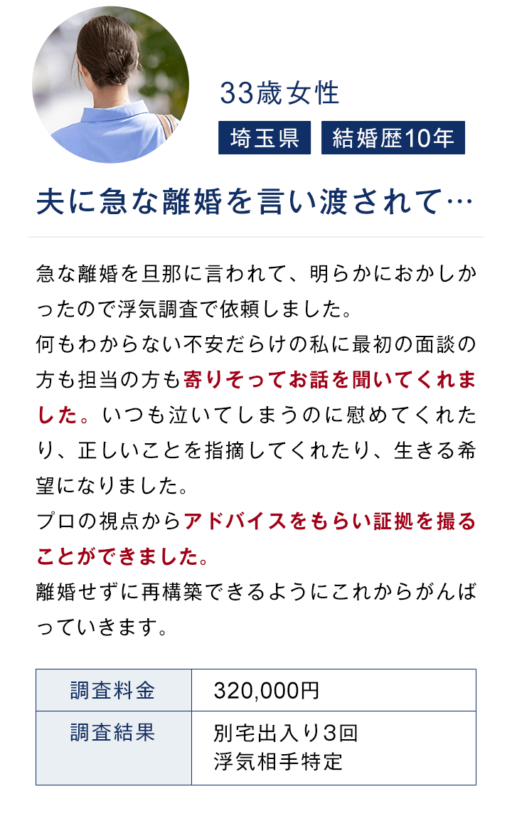 33歳女性 埼玉県 結婚歴10年 夫に急な離婚を言い渡されて… 調査料金 320,000円 調査結果 別宅出入り3回 浮気相手特定