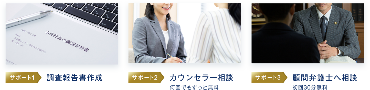 ①調査報告書作成②カウンセラー相談【何回でもずっと無料】③顧問弁護士へ相談【初回30分無料】